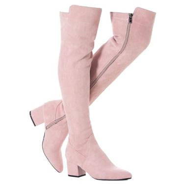 Imagem de N.N.G Botas femininas acima do joelho camurça cano alto conforto preto inverno bico quadrado salto bloco, Salto rosa/5 cm, 35