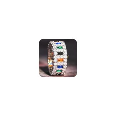 Imagem de Anel de casamento feminino banhado a platina 14K, anel eternidade, banhado a ouro 18 K, pedra preciosa colorida, arco-íris, empilhável, zircônia cúbica, presentes para mulheres, tamanho 9#