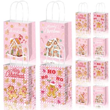 Imagem de Sacos de presente de Natal rosa, 12 peças, conjunto de sacolas de lembrancinhas de festa de papel rosa bebê para petisco de Natal, sacolas de presente de doces, decorações de festa de aniversário