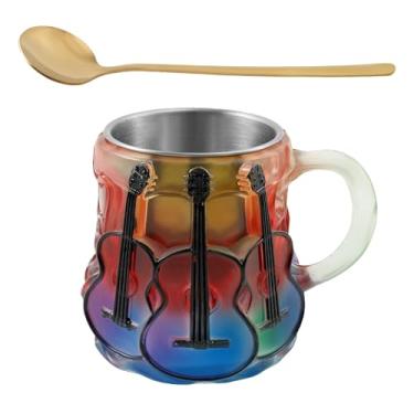 Imagem de ZFLYCANP Copo pintado de 425 g com colher, padrão gradiente em relevo, resina em forma de guitarra, xícara de chá, café, decoração de casa, presente para professores de música, amantes de livros