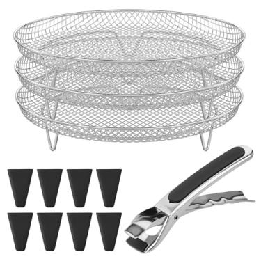 Imagem de ZFLYCANP Rack de fritadeira a ar de 3 camadas, desidratador empilhável de aço inoxidável, rack de desidratação circular resistente à ferrugem de fácil limpeza com pés e clipe de comida para casa