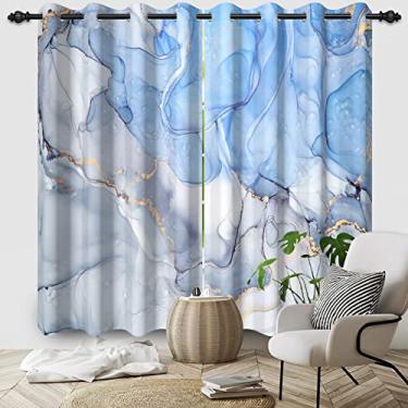 Imagem de SIEDYCV Cortinas de janela de mármore azul claro 106 x 236 cm, arte moderna, luxuosa, textura de mármore azul, cortinas blackout com ilhós, isolamento térmico, para decoração de quarto e sala de estar