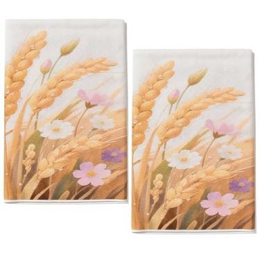 Imagem de Conjunto de 2 toalhas de cozinha de outono XhaungTech - Toalhas de prato de cozinha de outono laranja trigo casa de fazenda decorativa toalha temática de outono para colheita de Ação de Graças, toalha