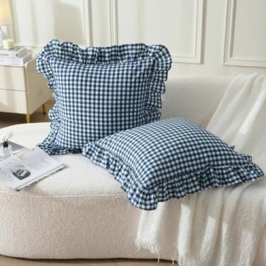 Imagem de Silnuo Pacote com 2 capas de almofada xadrez azul marinho/branco com babados, shabby, xadrez, chique, lavado, algodão, guingão, para cama, sofá, sala de estar - 61 cm x 61 cm