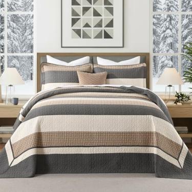 Imagem de FineStichery Colcha King extragrande 100% algodão, conjunto de colcha extragrande, 120 x 120, conjunto de cama acolchoado listrado de fazenda, edredom leve e macio, 3 peças, carvão/marrom/bege
