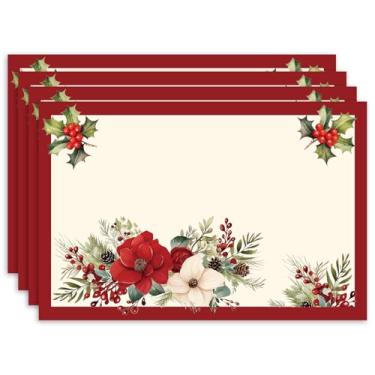 Imagem de Conjunto de 4 jogos americanos vermelhos e brancos, tapetes de mesa retangulares de Natal de 30 x 45 cm, jogo americano de tecido de linho para festas internas e externas, mesa de jantar, decoração de