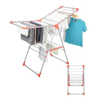 Imagem de ZOES HOMEWARE Escorredor de roupa de 2 níveis | Escorredor de roupas dobrável e ajustável em altura com ganchos, design de metal resistente para uso interno e externo, lavanderia laranja