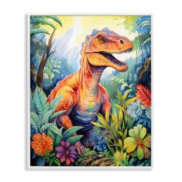 Imagem de Stupell Industries Arte giclée emoldurada branca da selva verde com folhas de dinossauro, design por Creative Studio, 20 x 16