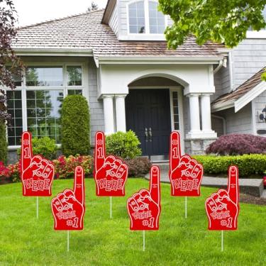 Imagem de Kathfly Kit de 12 peças de placas vermelhas do time Spirit Yard Game Days School Spirit Events Sports Celebrations We're #1 Finger Outdoor Lawn Yard Sign for School Team Theme Party Decoration