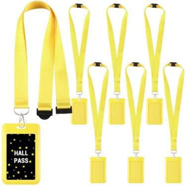 Imagem de Patelai Pacote com 6 cordões amarelos breakaway com porta-crachá deslizante cordão de passagem de corredor com suporte de crachá de identificação deslizante vertical à prova d'água para escolas