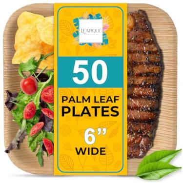 Imagem de Prato quadrado de folha de palmeira 100% natural de 15 cm (pacote com 50), utensílios de jantar compostáveis e biodegradáveis para catering, aniversários, Halloween, churrascos, Ação de Graças