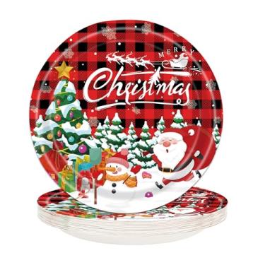 Imagem de sunepany 50 pratos vermelhos de papel natalino, 23 cm, pratos de jantar de Natal, descartáveis, redondos, aperitivos, pratos xadrez para bolo de Papai Noel, lanche, coquetel, aniversário, artigos de