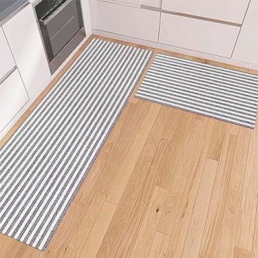 Imagem de Kit Tapete Cozinha 2 pçs Passadeira Emborrachada 1,30m x 45cm Capacho Antiderrapante 65cm x 45cm Artesanal de Tear 100% Algodão Cru Preto Listrado Lavável