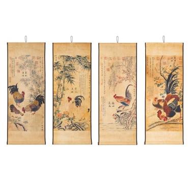Imagem de CIFIBIFUN Pintura de arte grande para decoração de parede de galo de 4 painéis, pergaminho de animais de galinha de fazenda vintage, papel estilo rústico para casa de campo (casa de campo, 142 x 124