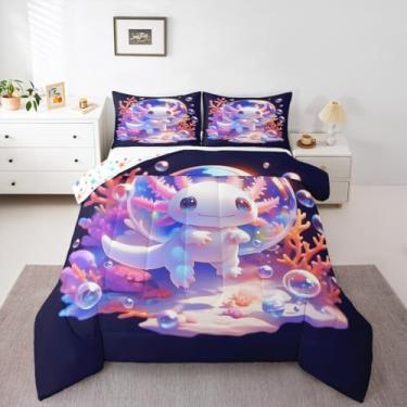 Imagem de Erosebridal Jogo de cama solteiro com estampa de axolote fofo, temática de praia, oceano, para decoração de quarto de crianças, meninos, meninas, adolescentes, 3D, kawaii, desenho animado mexicano