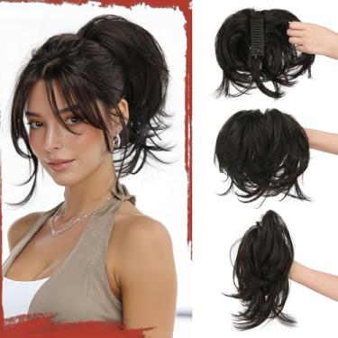 Imagem de SOFEIYAN Extensão de rabo de cavalo curto com clipe de garra, faça você mesmo, fios dobráveis, coque de cabelo falso fofo, extensões de rabo de cavalo de cabelo sintético liso para Wonen - preto e