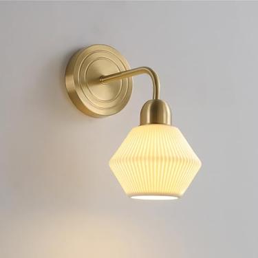 Imagem de Luminária de parede clássica de latão, luminária de parede moderna de cerâmica branca com acabamento listrado, luminária de parede de cabeceira elegante com fiação, luminária de parede de la