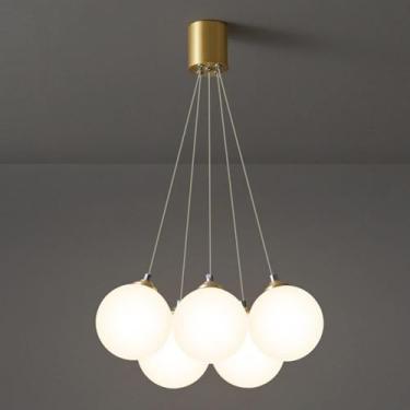 Imagem de Lustre moderno, lustre de vidro, globo, luminária pendente de latão, 7 luzes, fosco, bola branca, vidro leitoso, luminária suspensa de teto para quarto, sala de jantar, cozinha, 5 luzes, luz