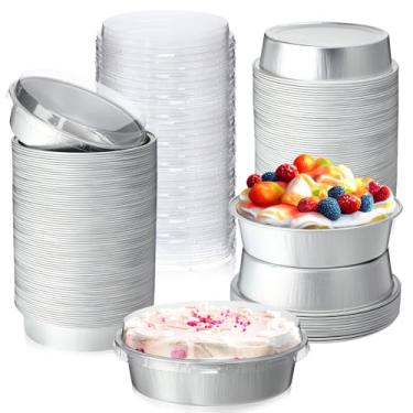Imagem de Yinder 120 peças de ramequins descartáveis com tampas, mini formas de torta de 227 g, ramequins creme brulee de 10 cm, mini formas de bolo, recipiente de folha de alumínio para assar no forno de festa