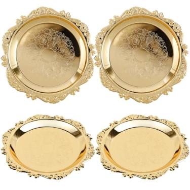 Imagem de Bandeja dourada com 4 peças, bandeja de prato redondo de metal, organizador de pratos de frutas retrô para alimentos, bebidas, lanches, café, decoração de parede (conjunto com 4)
