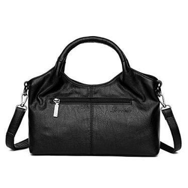 Imagem de Bigfanshu Bolsas femininas de couro retalhos de ombro transversal, bolsas de mão genuínas, bolsa carteiro, Preto, 20cm*30cm