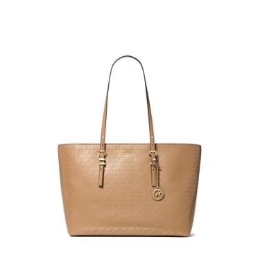 Imagem de Michael Kors Quinn Bolsa grande, ferragem dourada/folha impressa MK Signature Smooth Nappa Leather/Husk