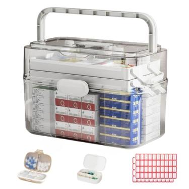 Imagem de Caixa organizadora de medicamentos com alça – Estojo de armazenamento de armário de remédios de 3 camadas com 2 caixas de comprimidos e 70 etiquetas, armazenamento de medicamentos à prova de umidade