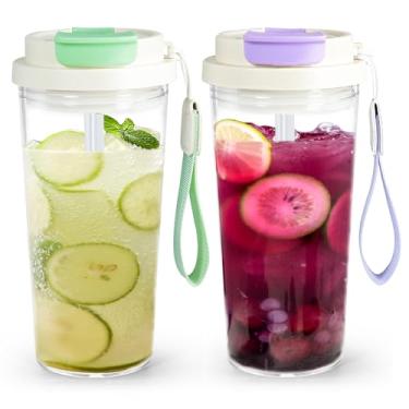 Imagem de Copo transparente de 590 ml com tampa e canudo, 2 peças de copo de café de plástico, copo de acrílico para café, refrigerante, chá, leite, suco, presente, verde e roxo