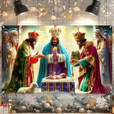 Imagem de BlissYard Faixa de Presépio de Natal Três Reis Magos Adoração do Bebê Jesus Pano de Fundo 188 x 109 cm Decoração de Feriado Religioso Belém Manjedoura Estrela de Davi Exibição Interna e Externa