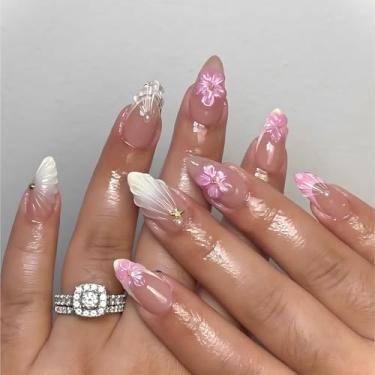 Imagem de Unhas postiças curtas médias amêndoas francesas com design requintado de flores pérolas cobertura completa cola em bastão falso artificial em unhas de acrílico para mulheres, 24 peças