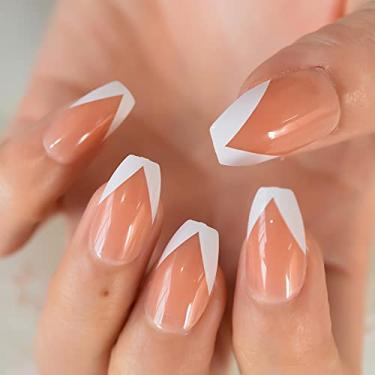 Imagem de Unhas postiças médias de caixão nude branco V francês unhas falsas brilhantes capa completa kit de unhas postiças para mulheres - 24 peças/conjunto