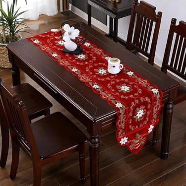 Imagem de Decoração de corredor de mesa bordada de renda floral vermelha suprimentos de festa de férias de inverno, bandeira de mesa, capa para decoração de janela de porta de sala de estar em casa