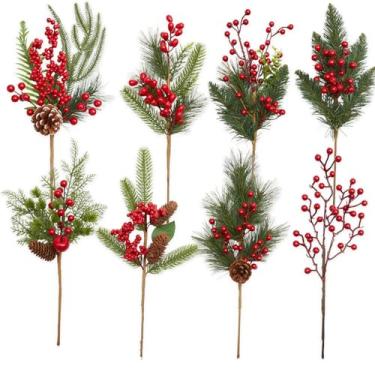 Imagem de Bibelot Pacote com 8 palhetas de pinheiro de bagas de Natal, galhos artificiais de pinheiro vermelho silvestre com pinhas e maçãs para artesanato faça você mesmo, guirlanda de árvore de Natal