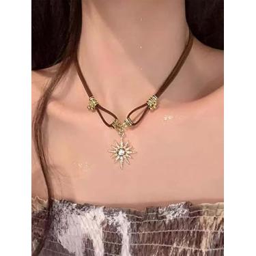 Imagem de Colar vintage com pingente de estrela de girassol multicamadas de couro PU, corrente gargantilha punk estilo ocidental, corrente de clavícula, boêmio, acessórios de praia, presente de festa para