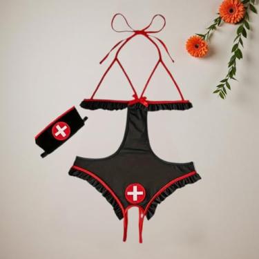 Imagem de Lingerie sexy para mulheres, roupas impertinentes, peça única, fantasia de enfermeira, sutiã transparente, Preto, M