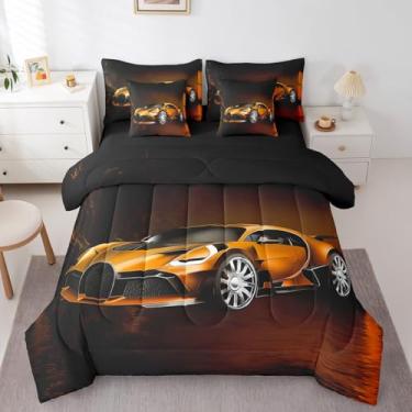 Imagem de Feelyou Jogo de cama Queen de carro de corrida, 7 peças, laranja, carro de corrida, para crianças, meninos, meninas, decoração de quarto, 7 com 2 fronhas