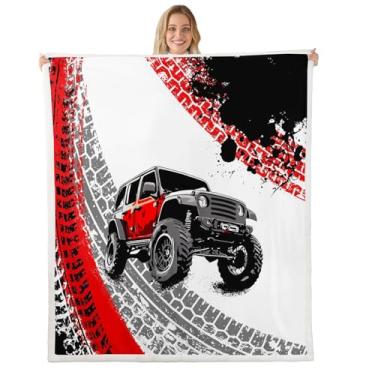 Imagem de Feelyou Cobertor de lã de carro Queen 228.6 cm x 228.6 cm Kids Offroad Vehicle Wheel Print Sherpa cobertor para meninos meninas adolescentes caminhão cobertor pelúcia carro corrida cobertor felpudo