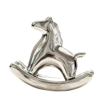 Imagem de Generic Estátua de cavalo de balanço de cerâmica com acabamento galvanizado, peça artesanal decorativa e elegante para decoração de suporte de TV, Prata
