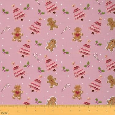 Imagem de jejeloiu Tecido rosa de Natal da The Yard Gingerbread Man Tecido estofado para costura, artesanato, árvore de Natal, impermeável, decoração interna e externa para projetos de bricolagem em casa
