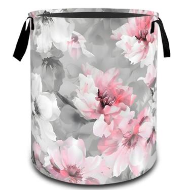 Imagem de VODRM Cesta de roupa suja floral rosa e branca com peônia, organizador de brinquedos para crianças e adultos, cesto de armazenamento impermeável de tecido Oxford para presentes de decoração de casa de