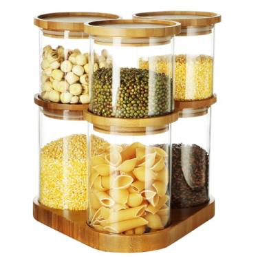 Imagem de Potes de Vidro Life Com Tampa De Bambu Hermética, Recipiente de Borossilicato Para Armazenar Mantimentos, Organizador De Cozinha Para Café, Grãos, Biscoitos e Alimentos Secos, Design Empilhável