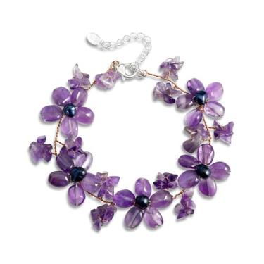 Imagem de AeraVida Pulseira feminina ajustável de ametista e pérola roxa cultivada em água doce | Tema Romance Lavanda | 18 cm | Pulseira de flores roxas brilhantes | Pulseiras delicadas para mulheres |