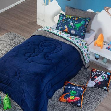 Imagem de Coberdrom Astrodino Azul Marinho Solteiro 02 Peças - Dupla Face Sherpa E Mantinha