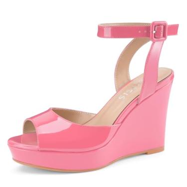 Imagem de Sandálias femininas elegantes plataforma plataforma cunha cunha ouro peep toe patente salto alto slingback confortável sapatos com tira no tornozelo, Patente rosa, 36