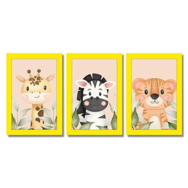 Imagem de Kit Quadros Infantil Safari Aquarela 20X30 Com Vidro Titulo Moldura Amarela