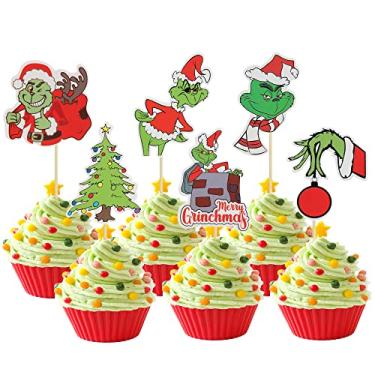 Imagem de 36 peças de topo de cupcake de Natal vermelho e verde Gnch palhetas de cupcake de Natal para festa Gnch decoração de sobremesa Grch suprimentos de decorações de Natal