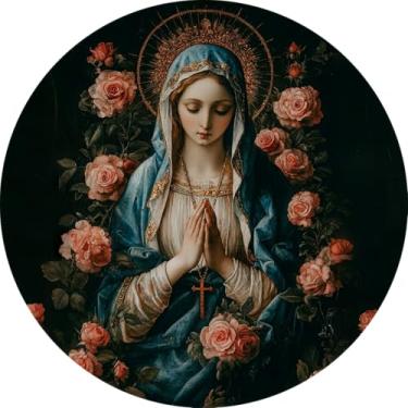 Imagem de Placa de parede redonda de metal rústico vintage Virgin Mary Amid Roses, sem relógio real, presentes internos e externos de 20 cm e decoração para casa, escritório, café e quintal