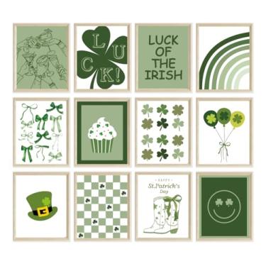 Imagem de Whaline 12 peças de arte de parede do dia de São Patrício, pôsteres de papel com trevo da sorte, quadros, quadro para decoração de festa de galeria, sala de aula, decoração de festa, sem moldura