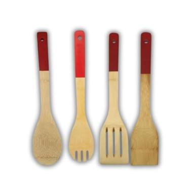 Imagem de Kit Utensílios de Cozinha de Madeira - Bambu Ecológico com Cabo de Silicone Antiderrapante – Espátulas e Colheres Funcionais e Decorativas para Panelas Antiaderentes 4 Unidades