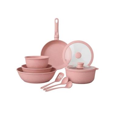 Imagem de Conjunto Premium de Panelas Cerâmicas Rosa, 10 Peças com Cabo Removível, Frigideira 26cm, Caçarolas 20-26cm, Panelas 16-20cm, Utensílios de Silicone, Tampa de Vidro